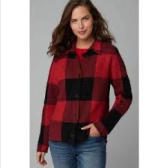 J Jill Buffalo Plaid Wool Pea Coat 2X Red Black Old Money Preppy Classic Fall - Picture 1 of 10